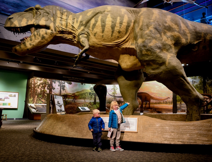 The Museum of Science two children in front of a giant dinosaur replica