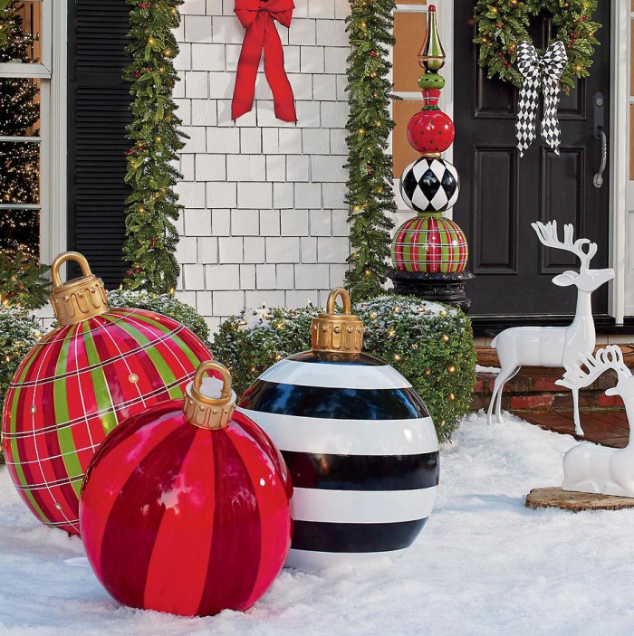 Oversized outdoor Christmas decorations baubles and reindeer 