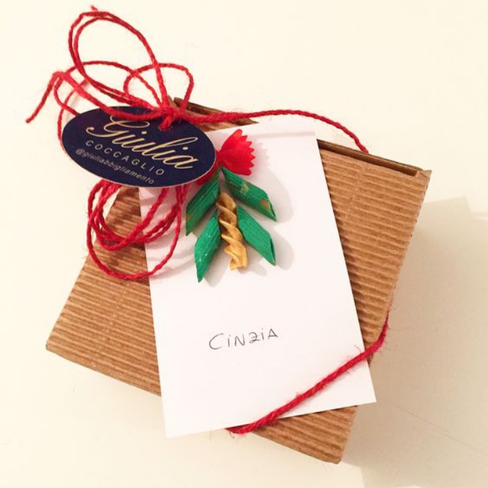 christmas card from pasta red ribbon name tag