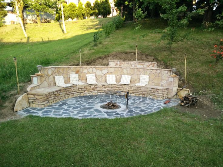 Small stone wall yard space with seating and fire pit