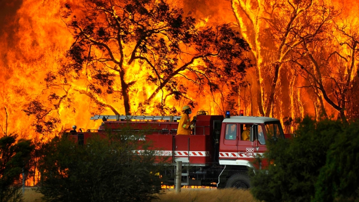Fires in Australia fire truck in a forest huge wildfire