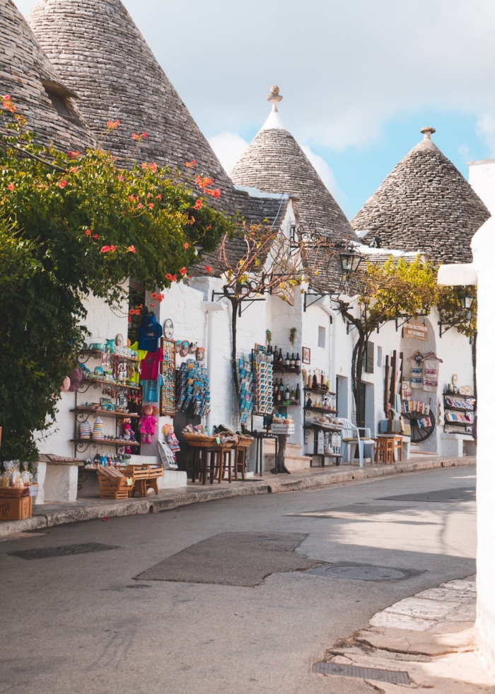 Modern Trulli tourist street souvenir shops stone roofs houses