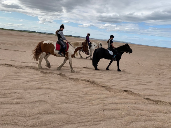 Northumberland Horse riding in UK three children on horses riding along a beach