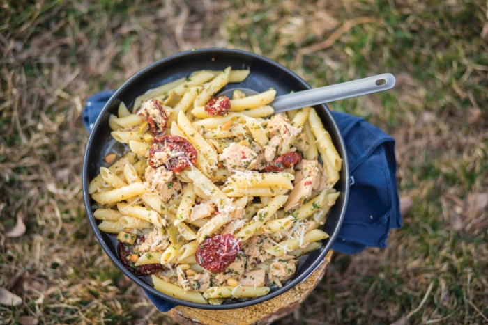 Tuna and chicken salad pasta outdoors camping food 