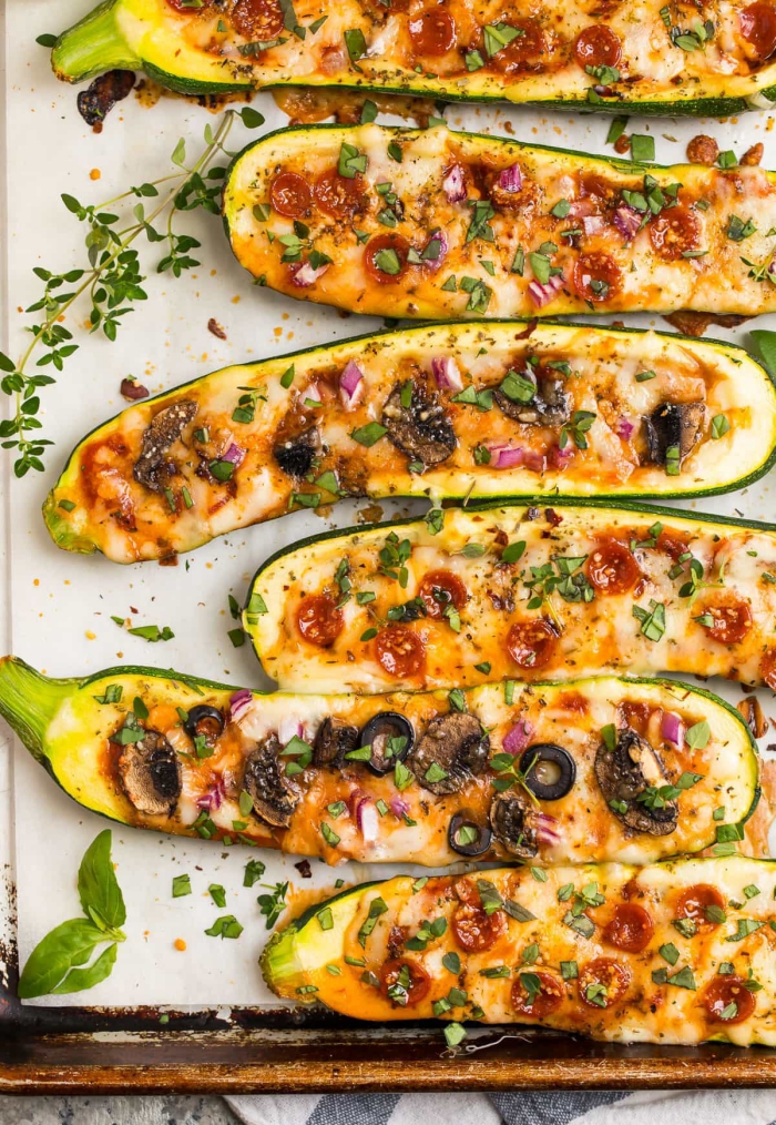 Zucchini Boats Low carb dinners baked zucchini with toppings mushrooms olives
