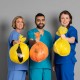 Three doctors haveing medical waste in their hands