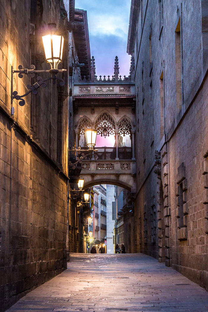 Streets of Barcelona at night lanterns 