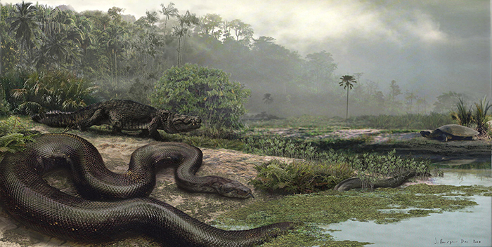 Titanoboa snake in the prehistoric times jungle crocodiles turtles water pond