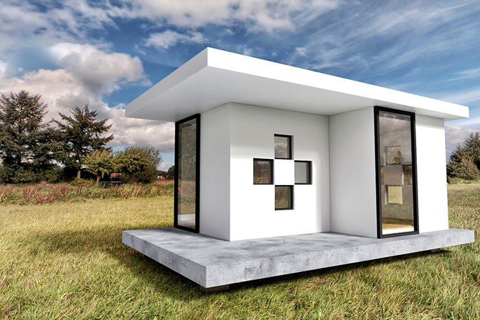 custom design tiny white home with stone floor and windows