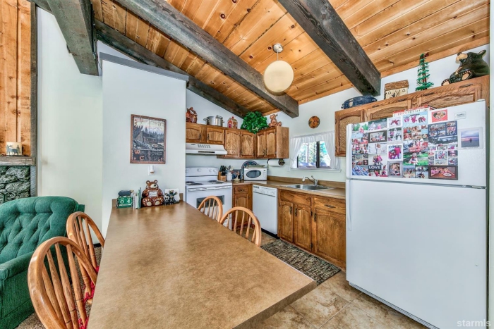 Winter cabin interior kitchen fridge kitchen table