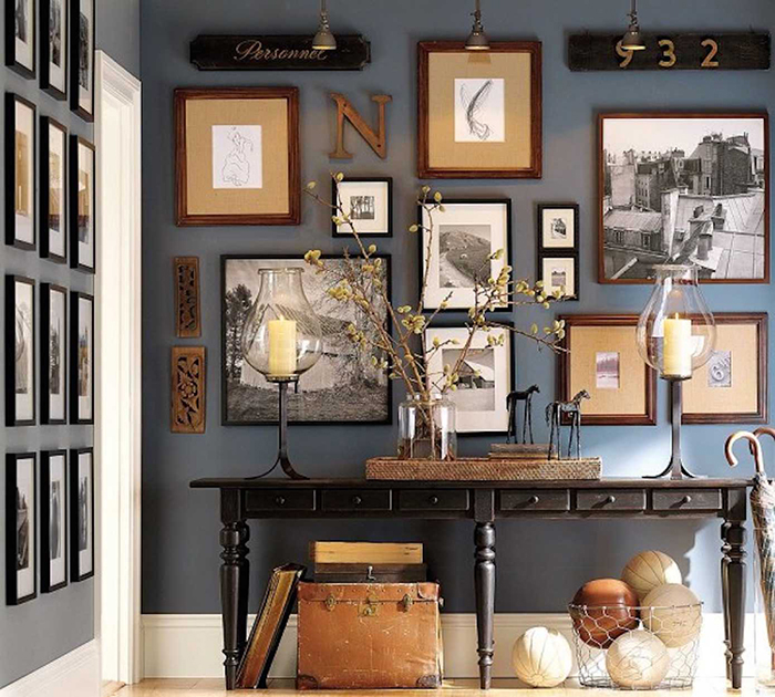 Beautiful photo wall organized chaos drawings black and white wood