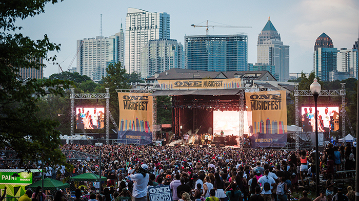 One Music Fest Events in America Outdoor stage skyscrapers crowd outdoor show