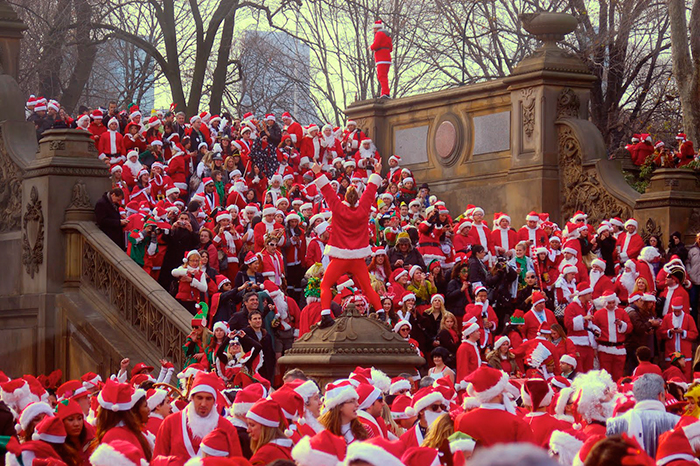 SantaCon San Francisco People in Santa Costumes on stairs