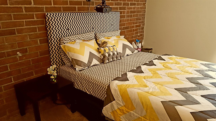 DIY headboard cardboard bedhead piece stripes