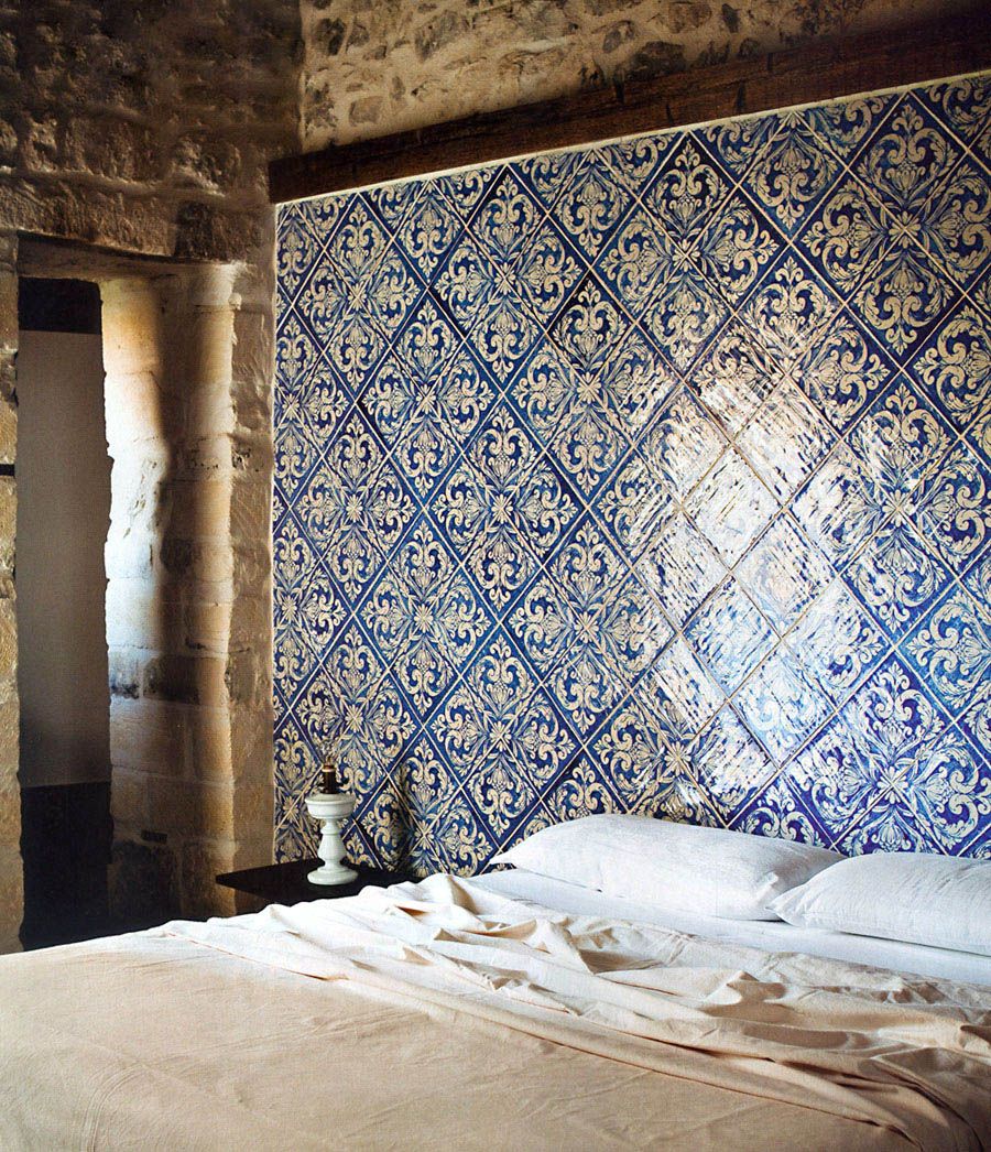 creative DIY tile headboard innovative bedroom design blue tile decor