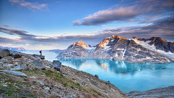 Greenland beautiful landscapes mountains light blue water hiker 