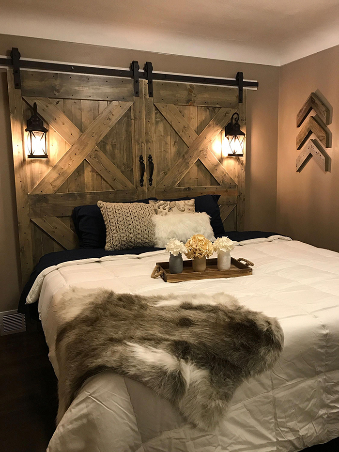 Rustic style bedroom design barn doors headboard