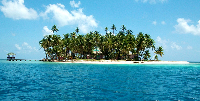 Tropical island white sand exotic palm trees