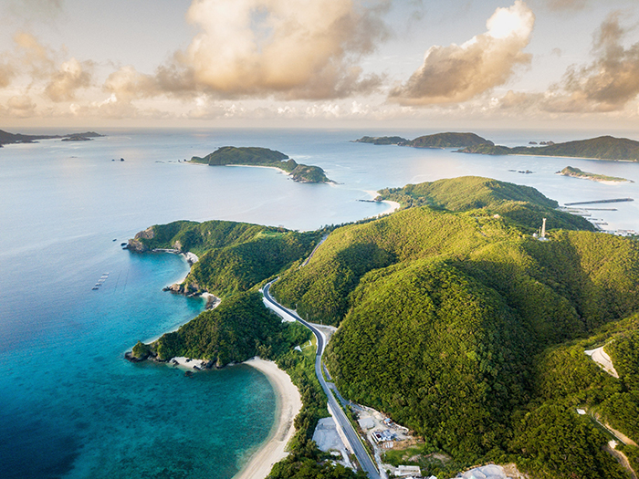 Tropical island bird view ocean islands green pieces of land