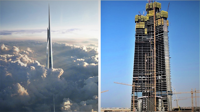 construction site sharp tower in the sky clouds