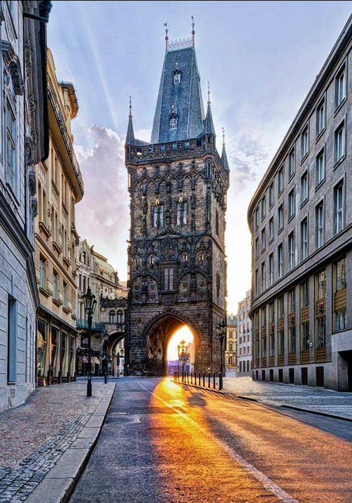 Prague architecture powder tower sunrise czech capital 