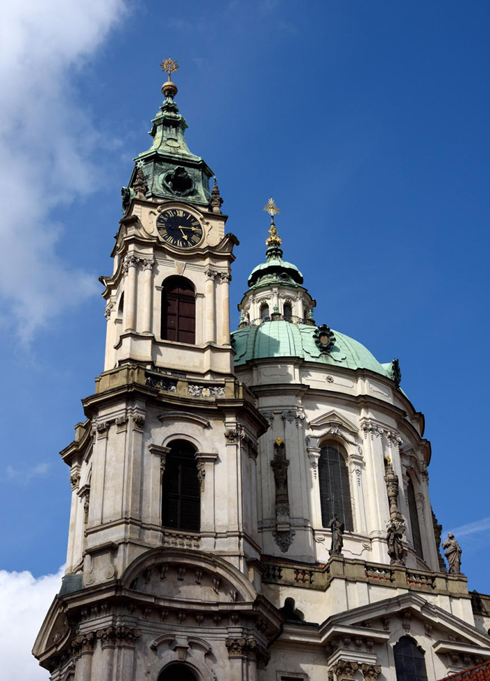 Prague architecture St. Nicholas Church towers clock tower church roof