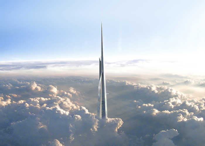 Jeddah Tower sharp in the clouds blue sky