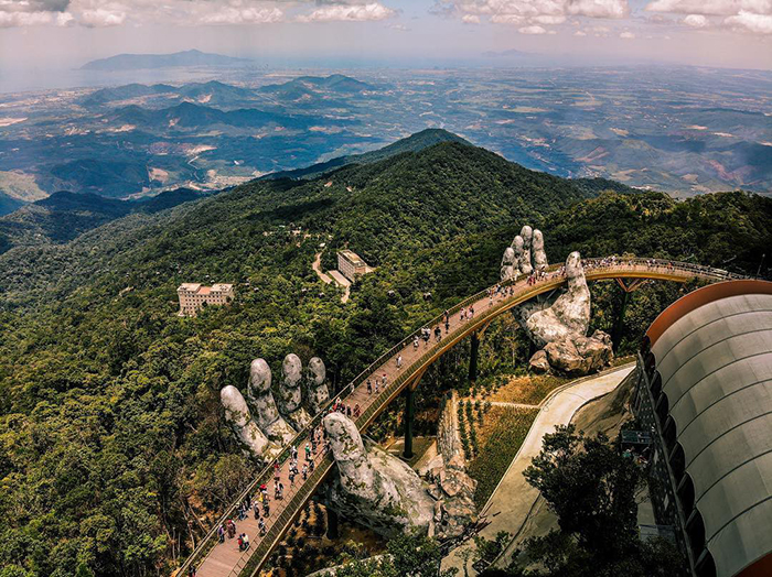 Aerial view Hand Bridge Vietnam tourists landscape green hills