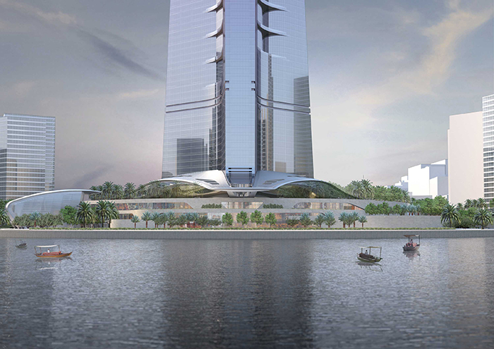 Jeddah Tower lake boats glass building park