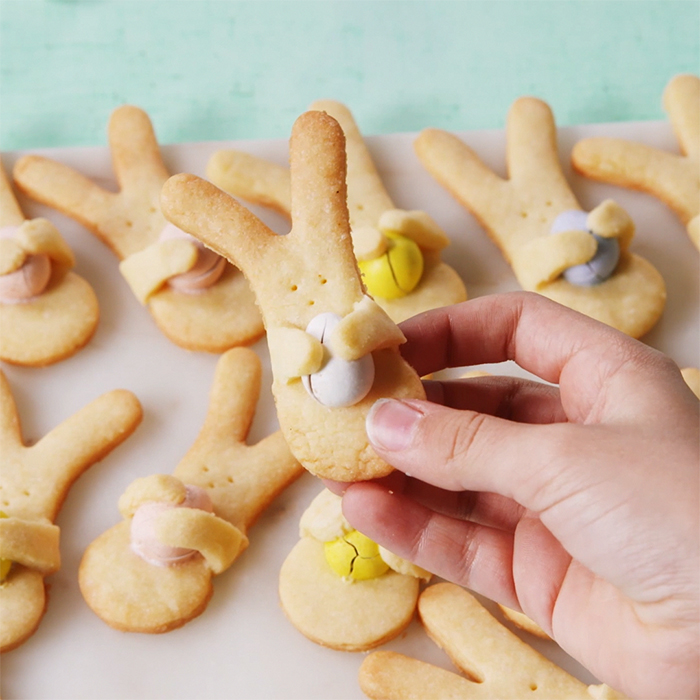 Easter Bunny cookies holding a chocolate egg