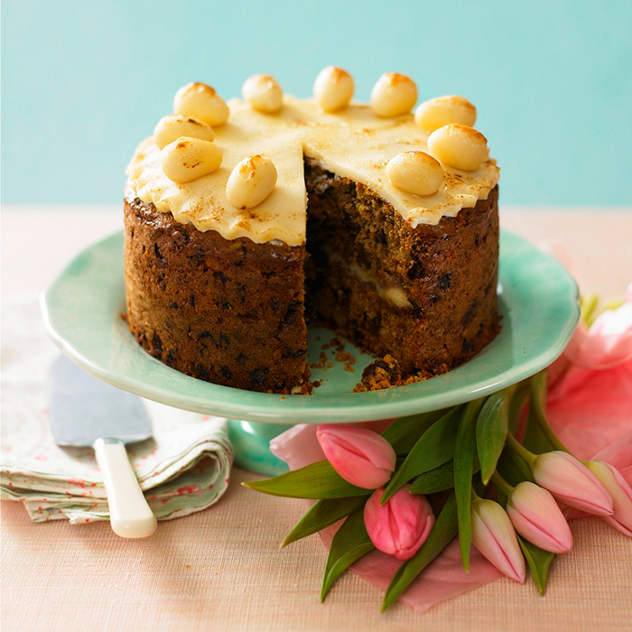 Traditional British Easter Simnel Cake Easter desert pink tulips