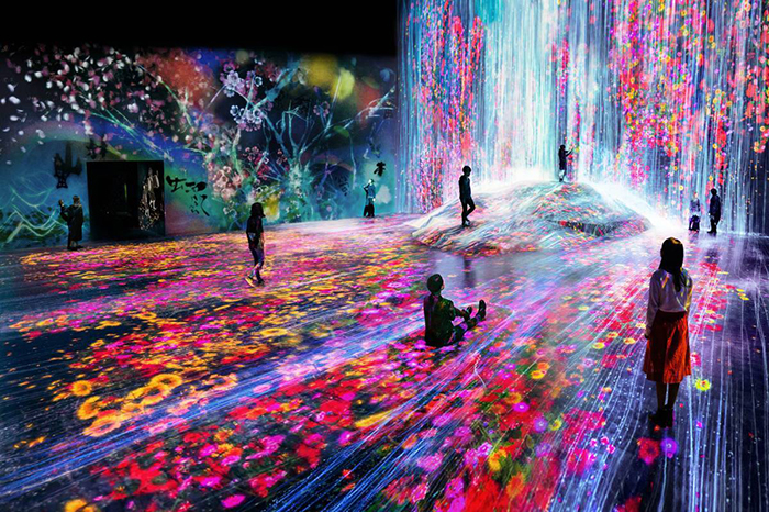 Interactive artwork teamlab exhibition people in a digital art room full of blossoming flowers