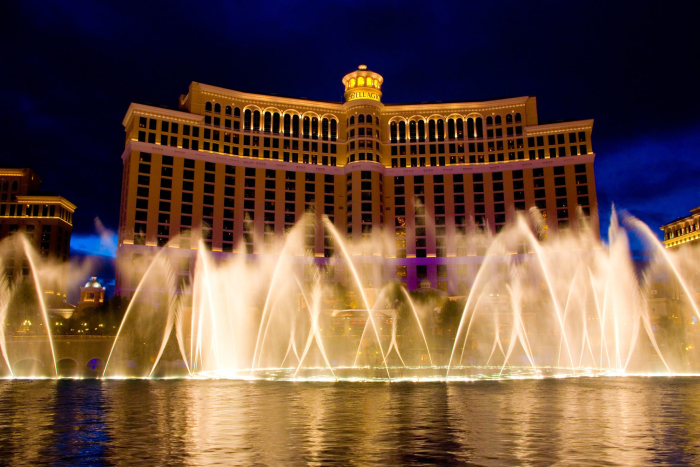 bachelor party destinations las vegas the bellagio evening view with fountains and lights