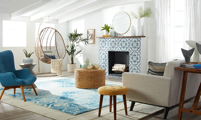 Nautical Theme Summer House design ideas living room with a fireplace in white and blue