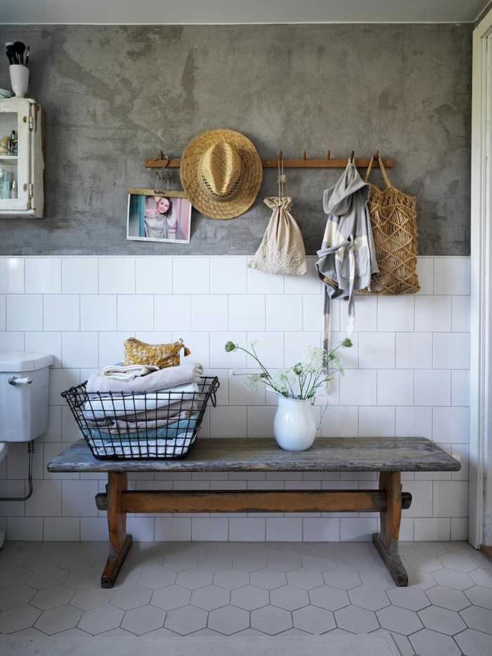 vintage summer house interior ideas bathroom decor with a hanger basket vase and a bench