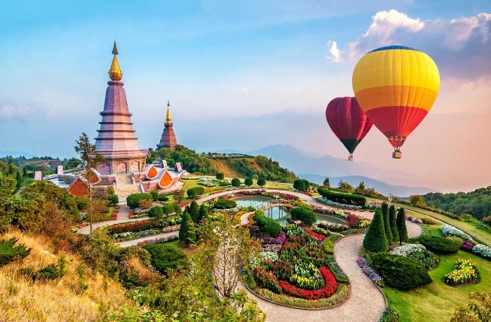 chang mai view from above with hot air balloons garden temples sunset 