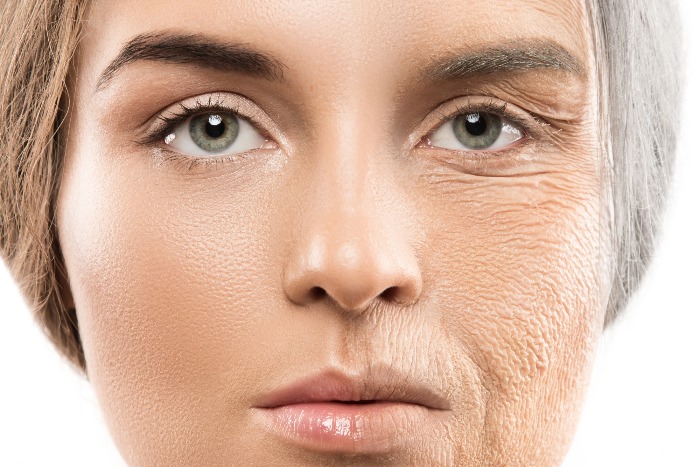close up female face one half is smooth and young the other one old and wrinkled