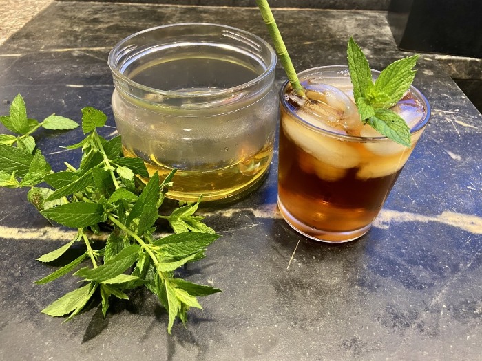 ice mint tea made of fresh mint in a glass with a straw