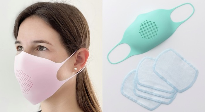 woman with a pink silicone face mask blue silicone face mask with replaceable filters