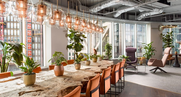 uncommon coworking space with modern eco interior large wooden table with living plants 