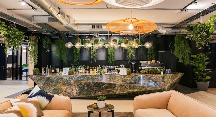 uncommon coworking space with comfortable sofas large stone bar living plants