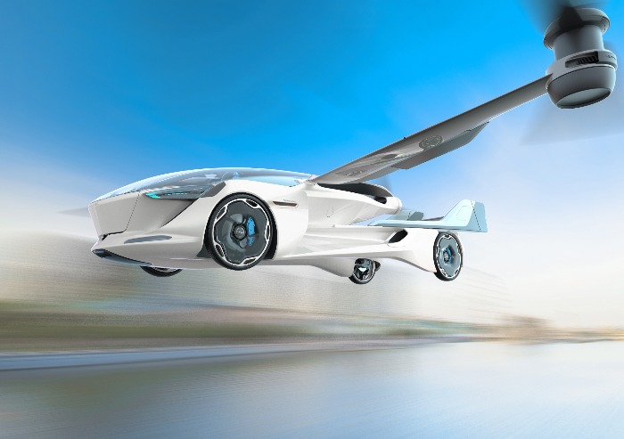 futuristic innovative flying car in the sky in flight