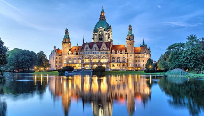 Hannover in fall castle on a lake in the evening