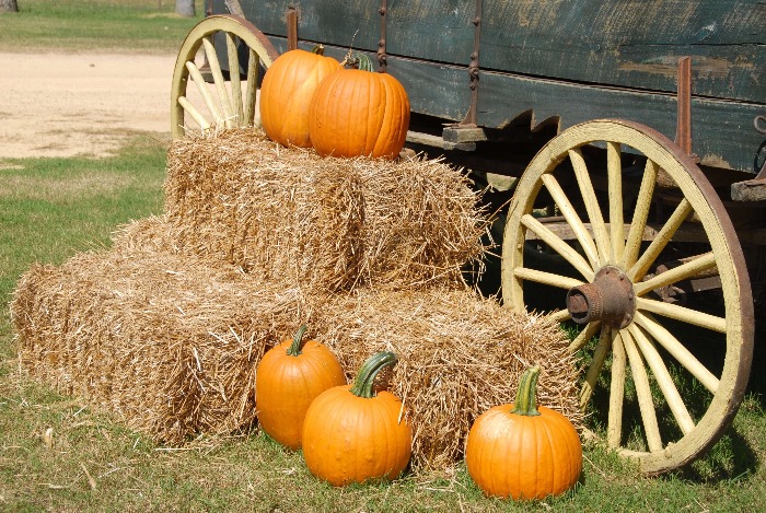 outdoor fall decor hay stacks and pumpkins