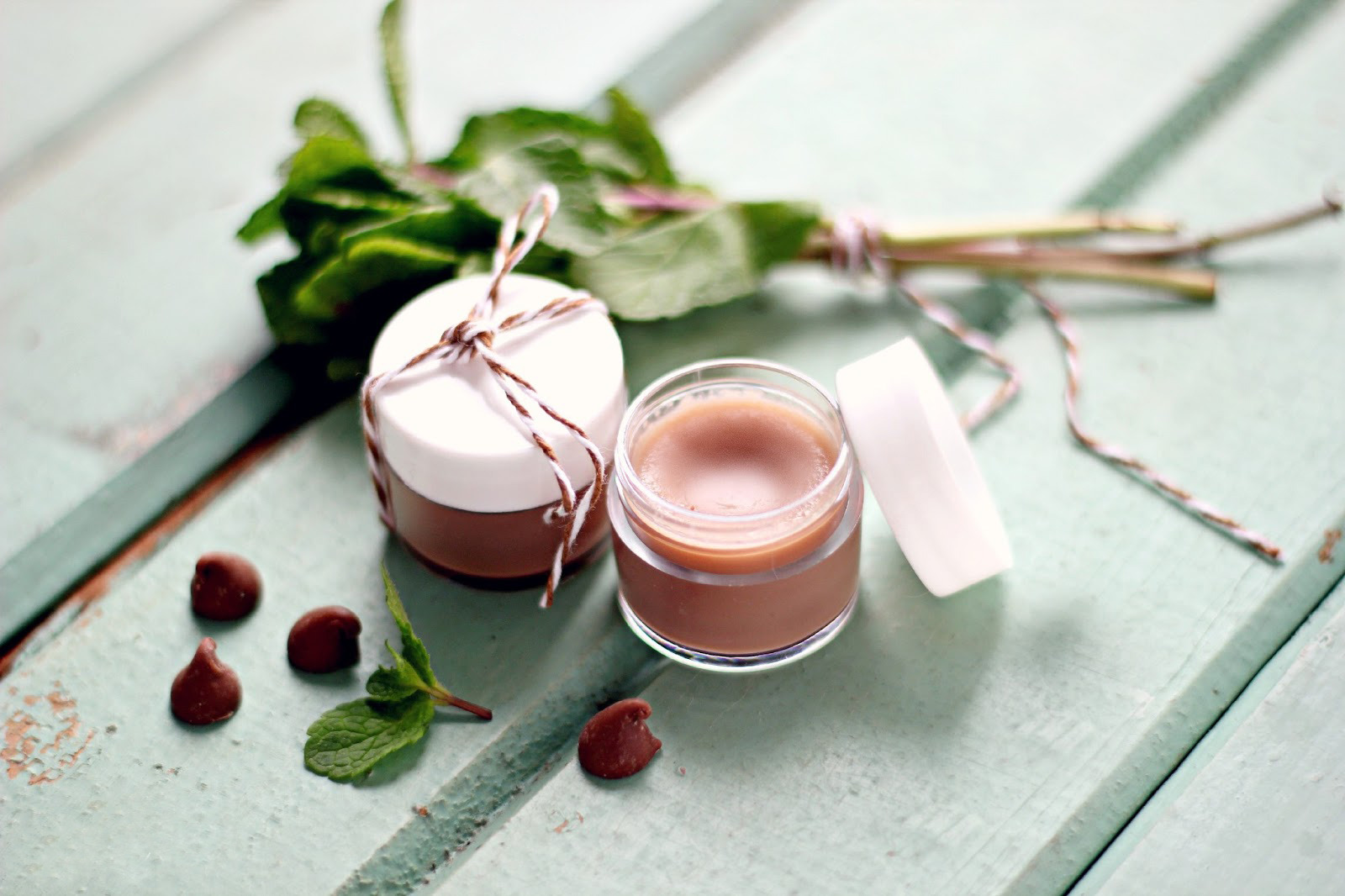 natural cosmetics two pink lip balms in small jars on a white table with some greens