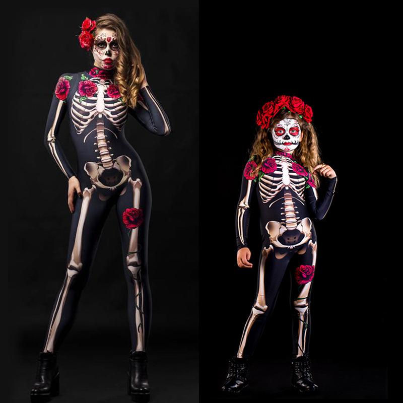 Halloween ideas skeleton costume woman and girl in skeleton costumes with roses