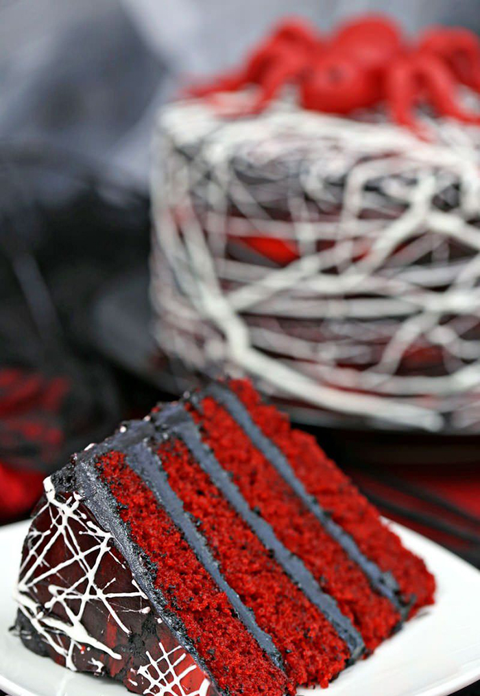 Spooky halloween cakes red cake with dark chocolate cake in the background