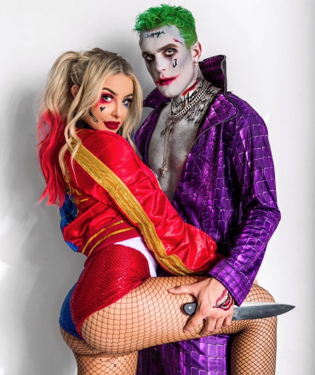 Tana Mongeau Halloween costume blond girl in red costume with a boy with green hair