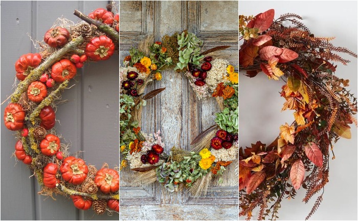 three different fall wreaths on doors pumpkin foliage dried flowers