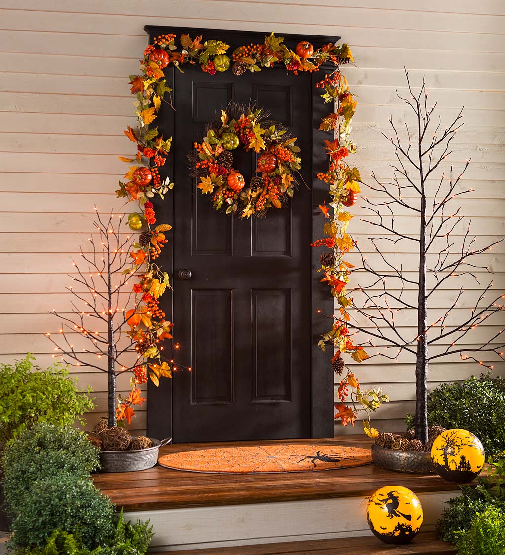 Gorgeous gall and halloween door decor garland and wreath foliage and fall fruits and veggies